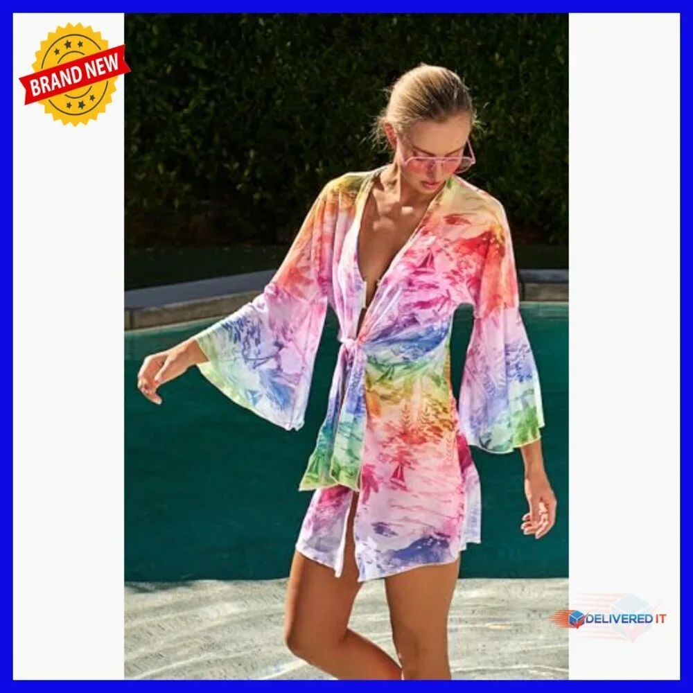 Small Tie Front Tunic Coverup, Lightweight Polyester Spandex, Bell Sleeves
